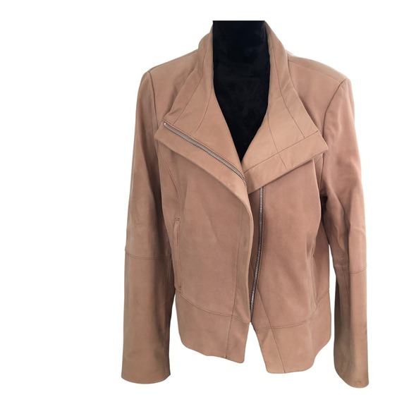 White House Black Market Tan Camel Brown 100% Leather Zip Front Moto Jacket XL - Picture 1 of 16